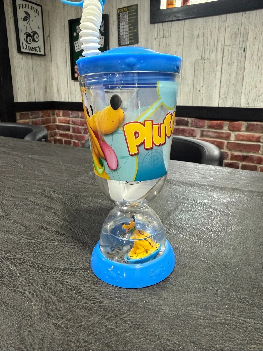 Vintage Disney Pluto Blue & Yellow Plastic Kids Party Cup with Lid and Straw
